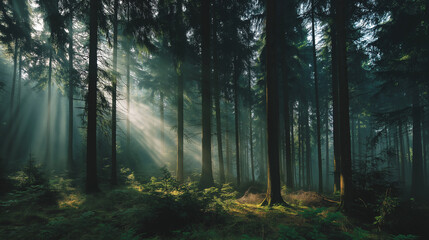 Fototapeta premium Sunbeams shining through misty forest in the morning