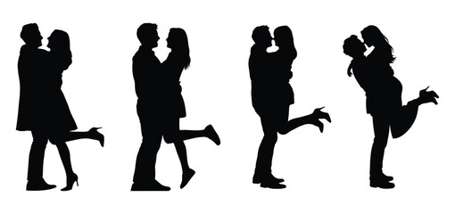 Silhouettes of couples embracing, Romantic Couple Silhouette, A silhouette a man lifting a woman in his arms, A silhouette of a man holding a woman, Vector illustration