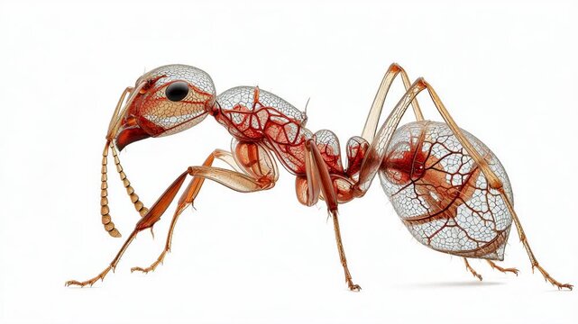 Transparent ant anatomy revealing detailed internal structure and veins with digestive and tracheal system in macro insect biology and entomology scientific style illustration