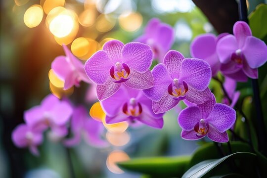 Close-up of vibrant purple orchids blooming with soft sunlight and bokeh effect in the background, creating a peaceful and delicate atmosphere - Powered by Adobe