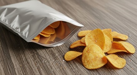 A silver bag of potato chips spills its contents onto a wooden table.