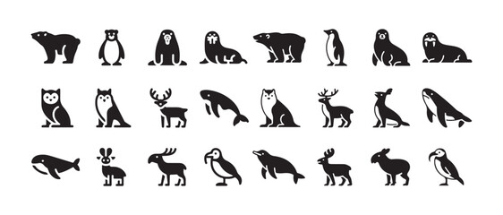 Set of arctic and forest animals, cute wildlife vector collection, simple black outline illustration isolated on white