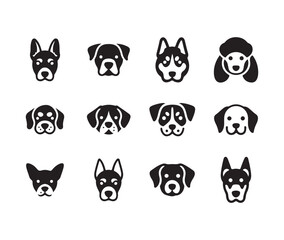 Set of black and white dog breeds vector icons on a white background depicting various canine heads
