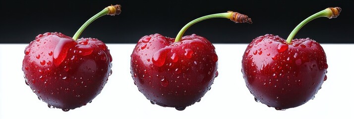 Close-up of three fresh red cherries with green stems covered in water droplets against a black and white background