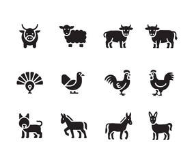 Comprehensive grid of twelve black and white vector icons featuring various farm animals in flat design style