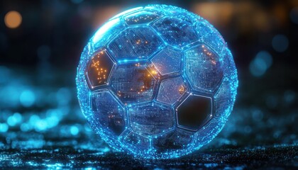 Glowing futuristic digital soccer ball with neon blue circuitry and hexagonal patterns on dark, blurred background emitting bright highlights