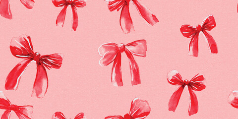 Red and white painted ribbon bows seamless pattern with a distressed texture on a pink background for wrapping paper and fabrics.