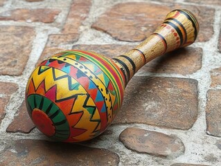 Colorful wooden maraca with intricate geometric patterns resting on stone pavement