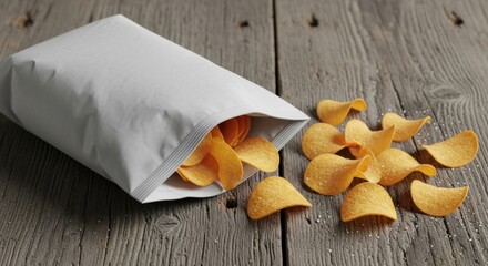 A white bag of potato chips spills onto a rustic wooden table with several chips falling out.