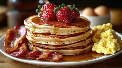 Stack of golden pancakes topped with fresh strawberries and dripping syrup served with crispy bacon strips and fluffy scrambled eggs on a white plate