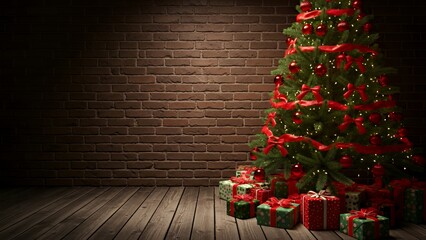 レンガの壁と豪華なクリスマスツリーのある部屋の背景素材