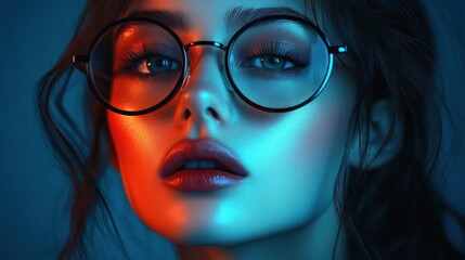 Close-up portrait of a woman with round glasses illuminated by dramatic blue and orange lighting, showing a calm and intense expression