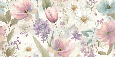 Elegant watercolor floral seamless pattern of tulips, daisies, and lavender in soft pastel tones for luxury textiles and wedding branding. © Eli Berr