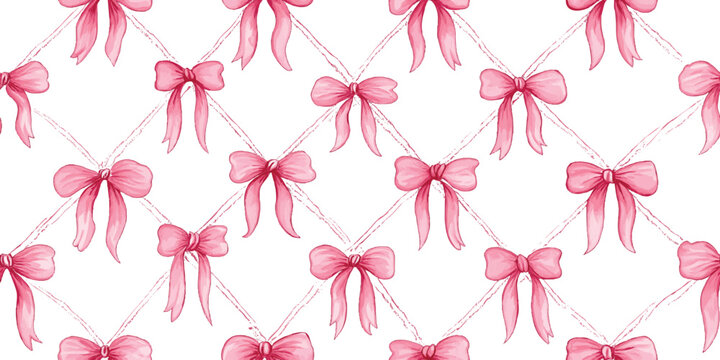 Watercolor ribbon bows seamless pattern in bright pink arranged in a diamond trellis design for feminine fabrics, wallpapers, and stationery.