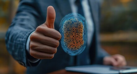 close up of a man in a suit showing thumbs up with a glowing digital fingerprint hovering next to the hand indicating biometric approval or security