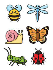 Adorable cartoon bee dragonfly snail butterfly grasshopper and ladybug illustration set.