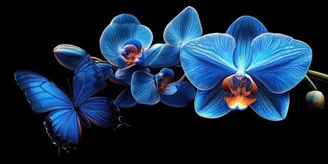 Close-up of vibrant blue orchids with intricate petal patterns and a large blue butterfly resting on the flowers, set against a black background