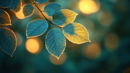 Close-up of blue tinted leaves backlit by warm glowing bokeh lights in a serene natural setting