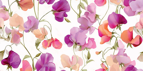 Elegant floral seamless pattern of vibrant sweet pea flowers in shades of pink, purple, and orange for luxury fabrics and wedding stationery.