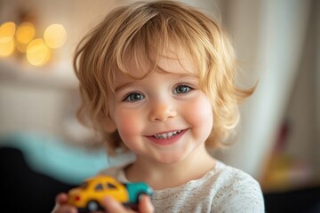 Fototapeta premium Smiling toddler with curly blonde hair holding a colorful toy car indoors in warm natural light