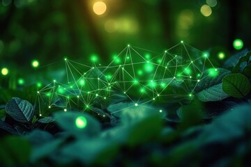 Glowing green network of interconnected points hovering over dark green foliage with blurred luminous orbs in the background creating a mystical atmosphere