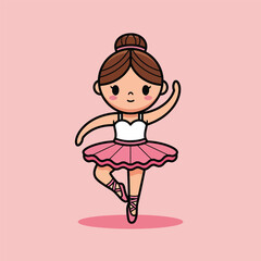 Cute cartoon ballerina character dancing in pink tutu and pointe shoes.