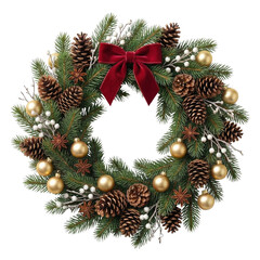 Christmas wreath with gold ornaments, pinecones and red bow on  transparent background