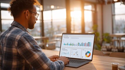 Data analyst working on laptop with colorful charts and graphs in modern office using technology for business statistics and analysis of data security dashboards with sunlight - Powered by Adobe