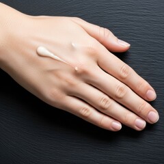 Fototapeta premium Hand with Lotion Droplets on Skin on Dark Background Showing Skincare Moisturizer