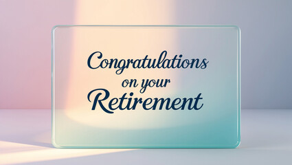 A greeting card with a gentle pastel gradient backdrop. Feature glossy glass lettering for the message &ldquo;Congratulations on your retirement.&rdquo;
