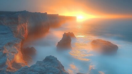 Glowing sun setting over rocky cliffs with misty ocean waves creating a serene and ethereal atmosphere
