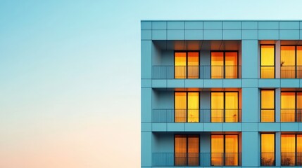 Obraz premium Modern apartment building with illuminated windows at sunset against a clear sky, showcasing clean lines and minimalistic architecture