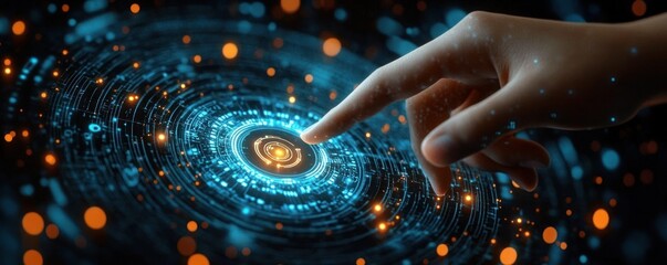 Human hand touching futuristic glowing digital interface with circular data patterns and dynamic lights in a dark setting, evoking interaction and advanced technology