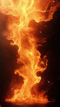Tall, dynamic column of bright orange and yellow fire flames twisting upwards against a dark background, emitting intense heat and energy