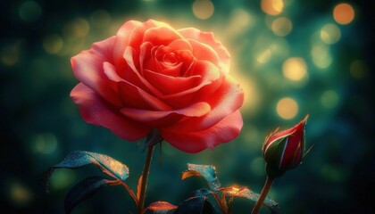 Obraz premium Close-up of a vibrant pink rose in full bloom with a rosebud beside it against a softly blurred background with glowing bokeh light spots expressing delicate beauty