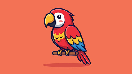Cute cartoon red parrot bird with yellow and blue wings perched on a branch. © NFS Studio