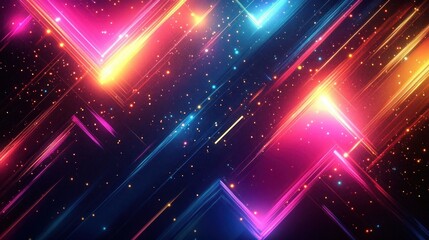 Abstract glowing neon geometric shapes with vibrant pink, orange, and blue lights and sparkling particles creating dynamic futuristic energy