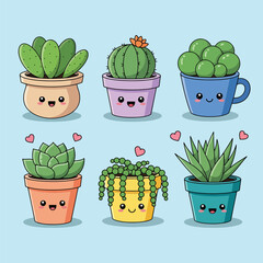 Cute Cartoon Succulents and Cacti in Smiling Pots. © NFS Studio