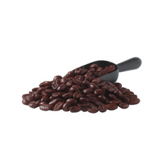 Roasted coffee bean pile with scoop, aromatic brown beans spilling from black scoop creating rich texture and warm mood