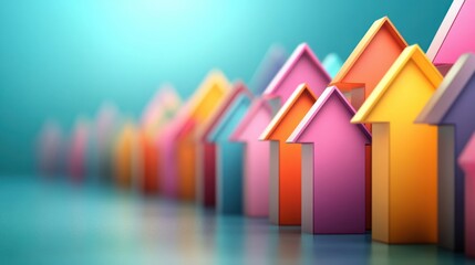 Colorful row of three-dimensional house-shaped arrows pointing upward on a reflective surface with a gradient blue background, symbolizing growth or progress