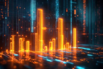 Glowing digital 3D bar chart with bright orange and blue neon lights representing data visualization in a futuristic technological environment