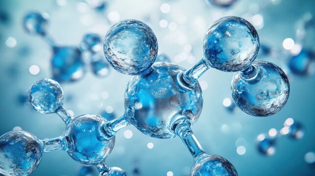 Detailed close-up of interconnected translucent blue spheres resembling a molecular structure with a glowing and futuristic atmosphere - Powered by Adobe