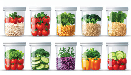 Healthy Meal Prep Containers with Fresh Ingredients Vector