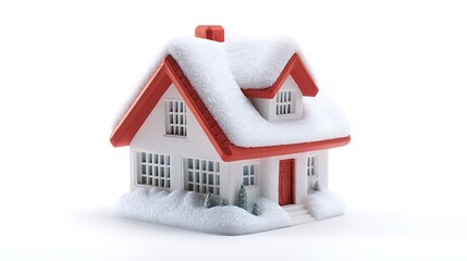 Photo of small white miniature house model covered in artificial snow with red roof isolated on white background
