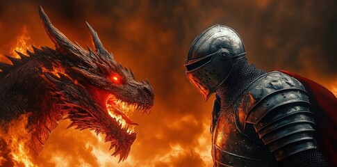 Armored medieval knight facing a fiery dragon with glowing eyes amid intense flames and smoke, evoking a mood of confrontation and epic fantasy battle