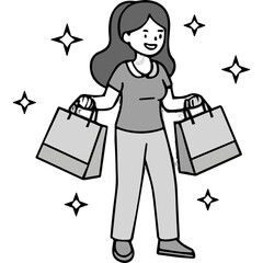 Woman Holding Shopping Bags Happy Expression Casual Outfit Gray Shirt Pants Detailed Flat Illustration Black Background