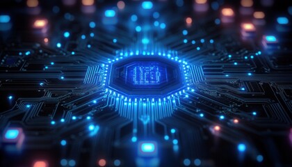 Close-up of a glowing blue microchip circuitry with illuminated connections on a dark circuit board representing advanced technology and digital innovation