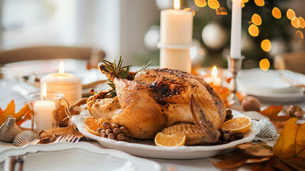 Elegant Holiday Dinner Setting with Roast Turkey & Candle Decor