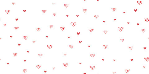 Minimalistic seamless pattern of small hand-drawn red hearts arranged randomly on a clean white background for subtle design and packaging