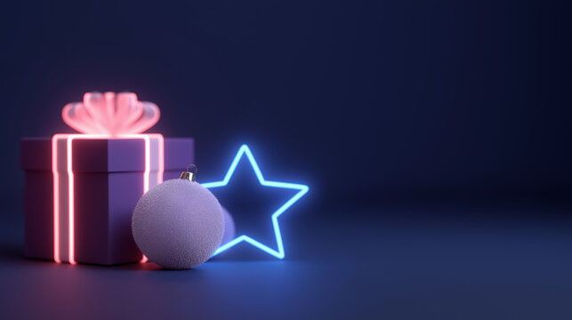 Christmas gift box with neon lights, star, and ornament on dark background